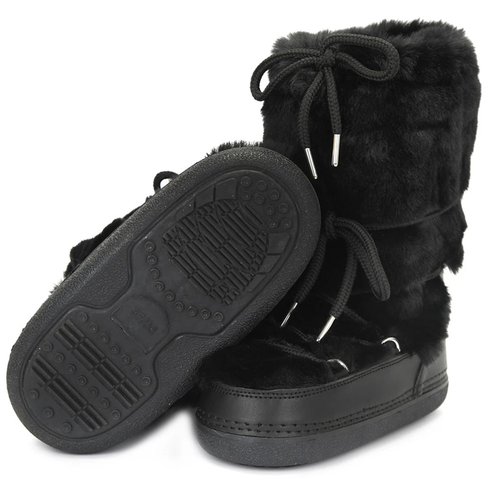 2025 Winter Boots Women Fur Boots Lace-Up Platform Snow Boots Brand Waterproof Non-Slip Warm Cotton Boots Leather Ski Boots