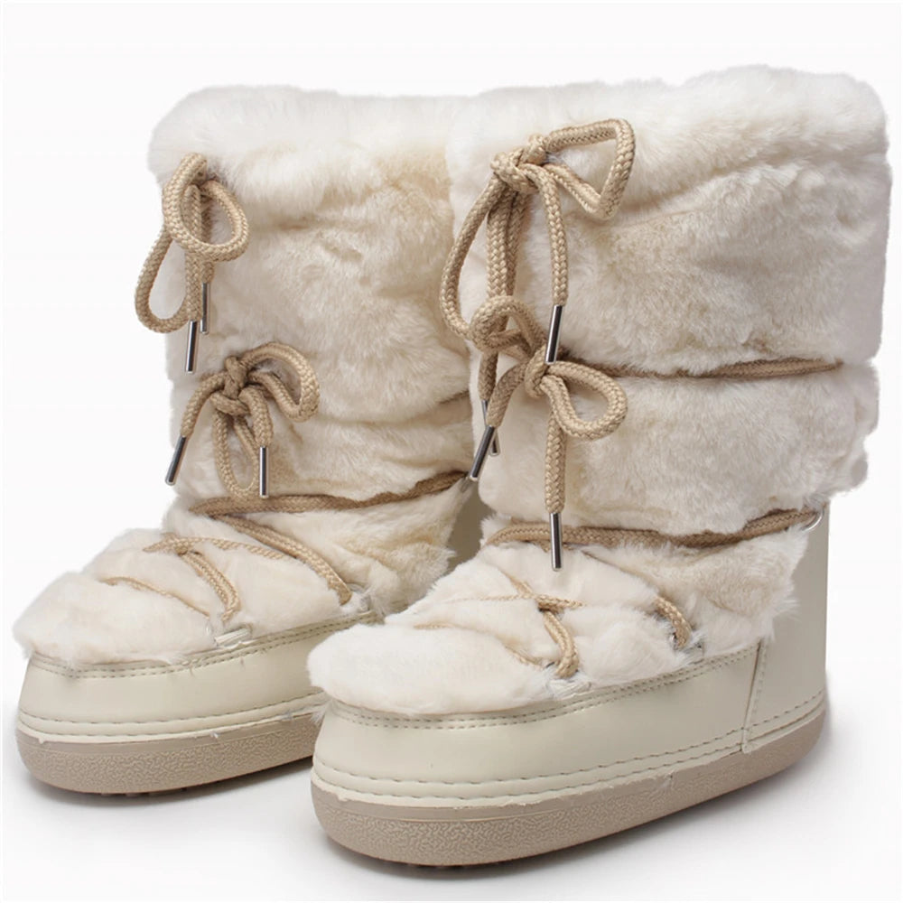 2025 Winter Boots Women Fur Boots Lace-Up Platform Snow Boots Brand Waterproof Non-Slip Warm Cotton Boots Leather Ski Boots