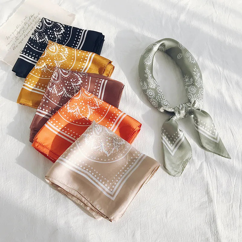 70cm Paisley Printed Hijab Scarf for Women Silk Satin Bandana Head Scarfs Female Square Headband Small Shawls Cute Neck Scarves