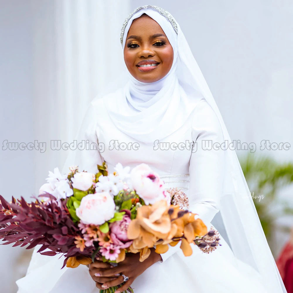 Modest Muslim Wedding Dress White Long Sleeves O Neck Ruffles Organza Ball Gown Bridal Dresses No Hajab Africa Gowns - My Store