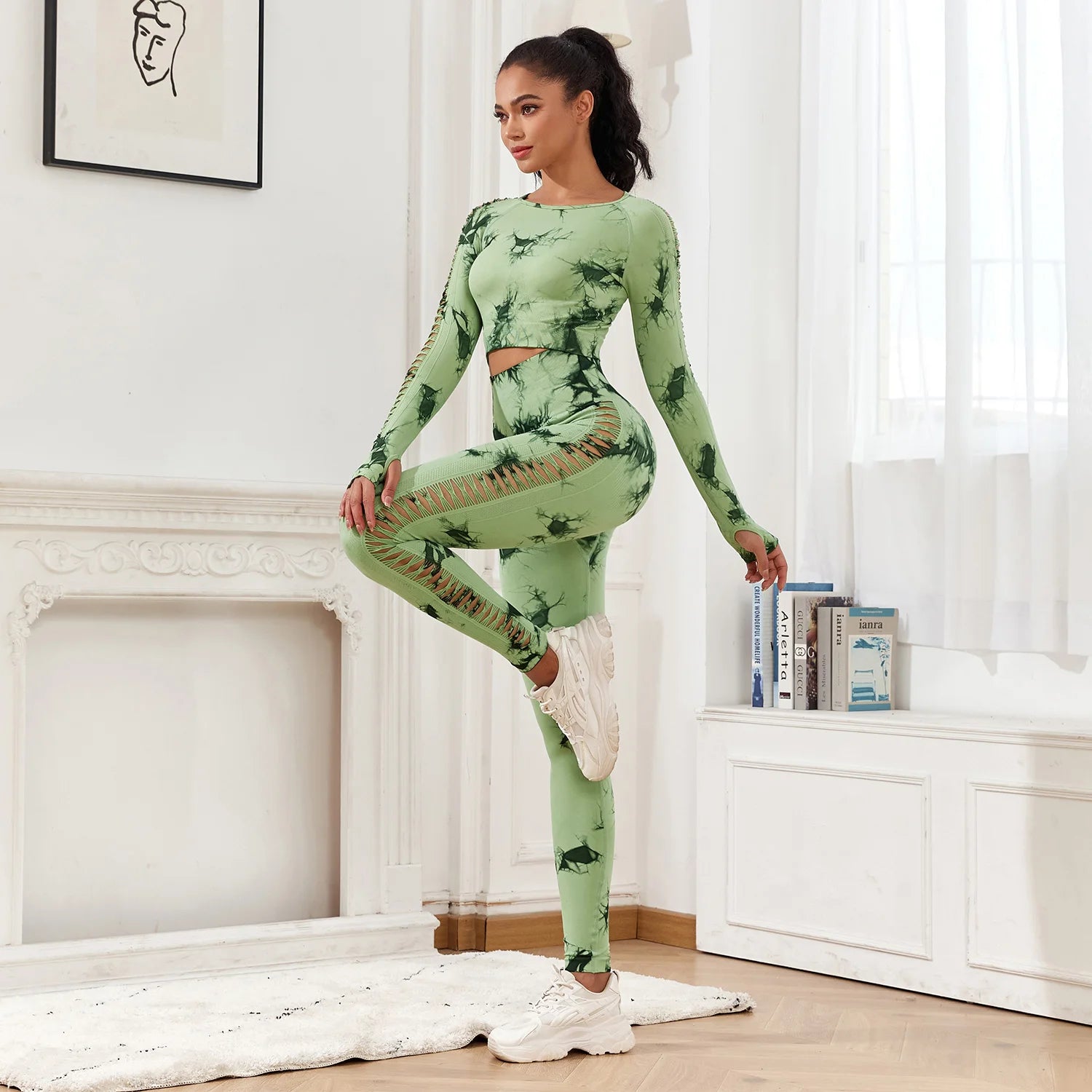 CHRLEISURE Seamless Tie Dye Sports Set Hollow Out Yoga Suit Fitness Top With Workout Leggings Activewear
