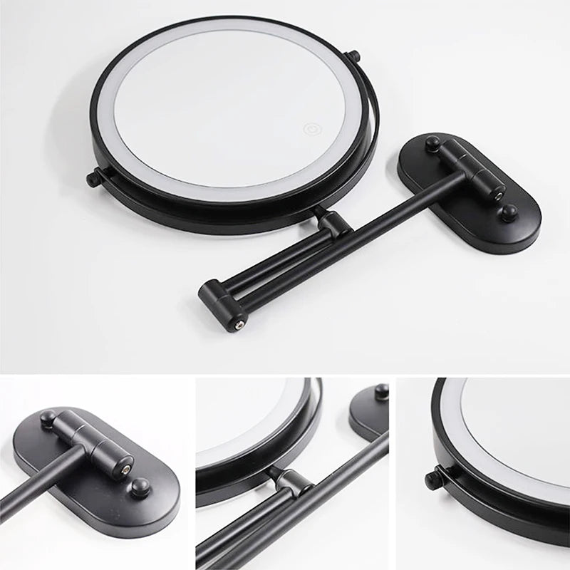 8 Inch Wall Mounted Makeup Mirror Black 3x-10x Magnifying 3 Color LED Light Double Side Bathroom Smart Shaving Cosmetic Mirrors