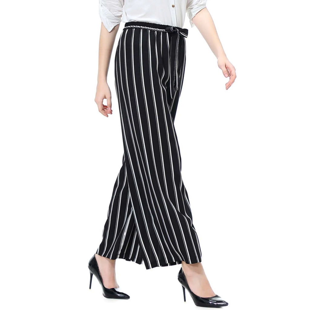 Ladies' Striped Elastic Waist Belted Long Wide Leg Pants Office Ladies Pant Soft Breathable Long Trousers 2023 Female Clothing