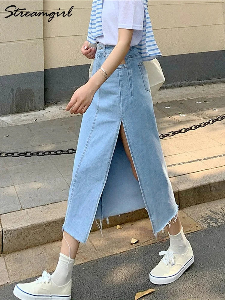 Streamgirl Maxi Jeans Skirt Women Denim Long Skirts Summer Vintage Maxi Skirt Side Split Denim Skirt Women Long Korean