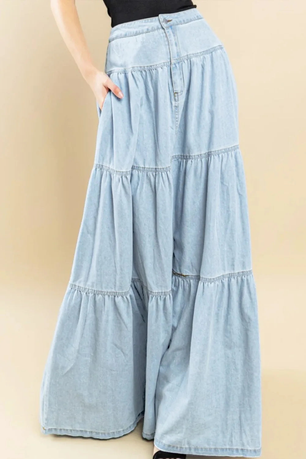 Canwedance Maxi Skirts Boho Style Cotton Skirts Femme High Waist Denim Skirts Mujer Vacation Bottoms A-Line Layered Skirt