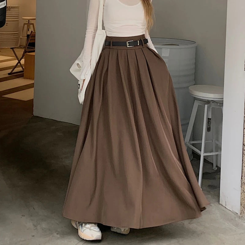 Qiukichonson Grey Midi Long Skirts Womens Maxi Skirt 2023 Autumn Winter Suit Skirt Goth Lolita High Waist Ruffle Pleated Skirts