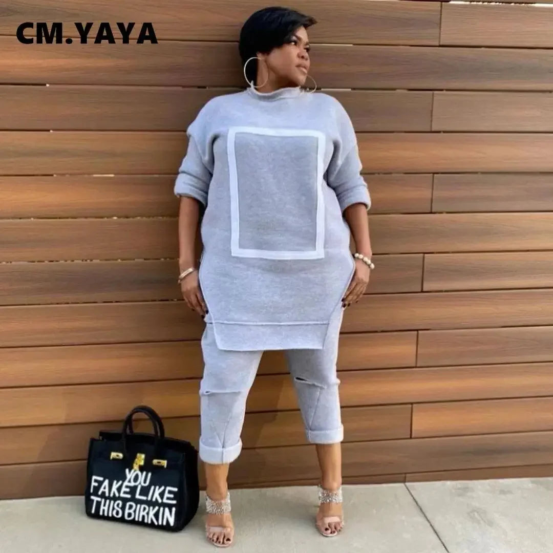 CM.YAYA Activewear Fleece Patchwork Women's Set Crewneck Sweatshirt + Hole Pants Suit Tracksuit Two Piece Set Fitness Outfit