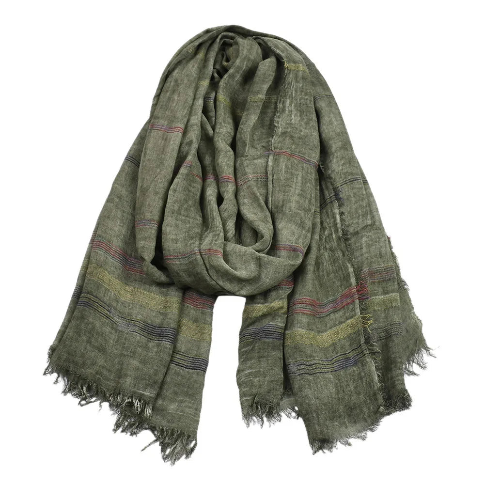 Japanese Korean Cotton Linen Men Scarf Autumn Winter Men's Stripe Scarves Casual Black Navy Scarves Bufanda Male Accessories