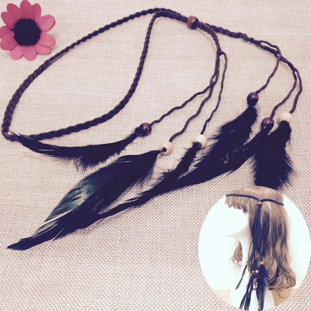Bohemian Feather Headband Scrunchies Tribal  Hair Bands Women Girl Hippie Weaving Hair Accessories Hair Clip Hair Rope Headwear