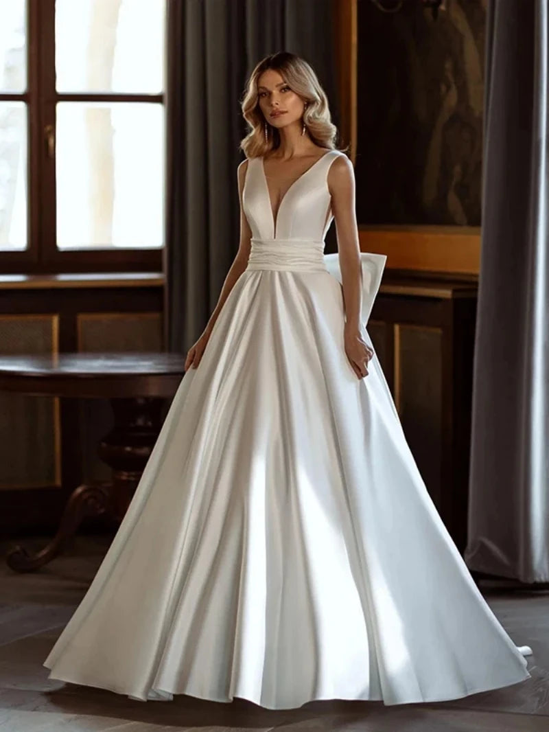 Modern Fashion Wedding Dresses Lustrous Satin Bridal Gowns Bow Decorate Simple Robe V-Neck Backless Vestidos De Novia Customized - My Store