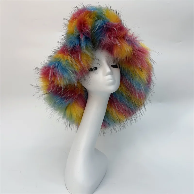 Winter Warm Plush Bucket Hat Women Oversize Earflaps Fluffy Faux Fur Hats Fashion Furry Raccoon Fur Cotton Hat Solid Color Hats