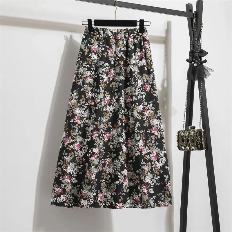 Spring Summer Chiffon Women Skirts Casual Floral Printed Woman Long Skirts Elastic Waist Female Loose Extended Skirt