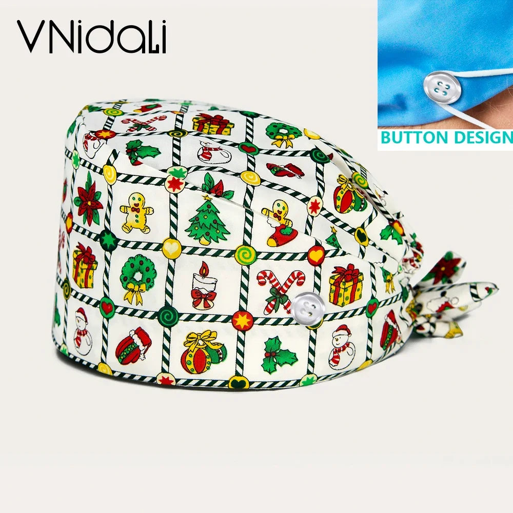 With Buttons Santa Claus Print Hats Adjustable Scrub Cap Beauty Salon Nursing Cap Laboratory Accessories Scrubs Christmas Hats
