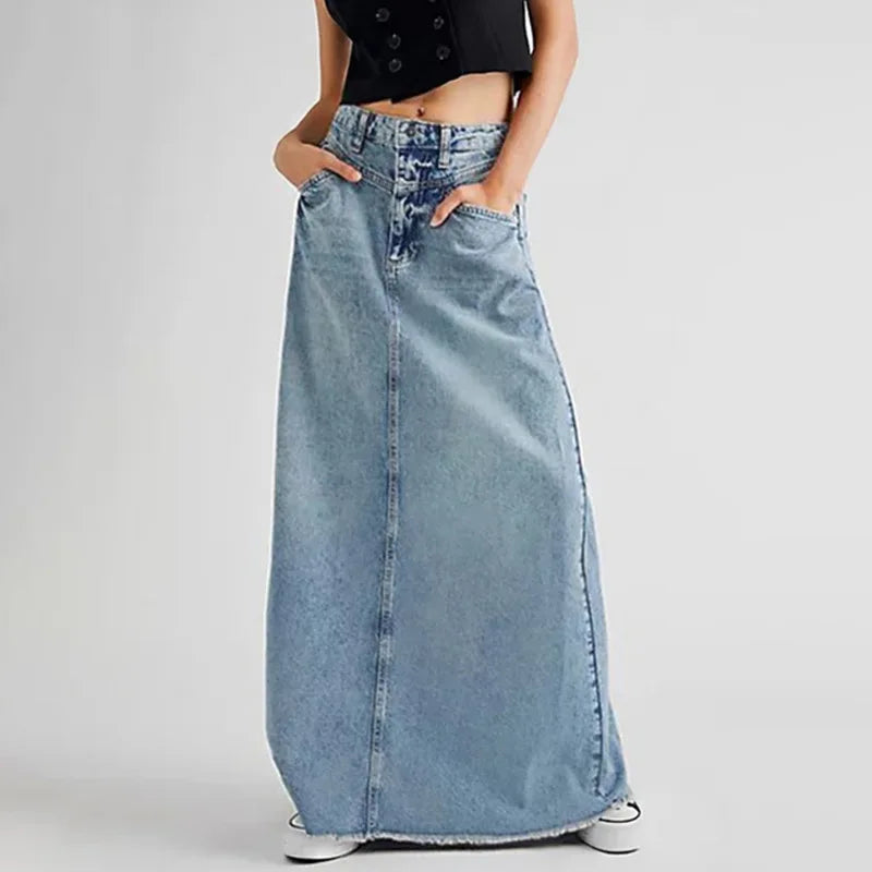 Boho Denim Skirts Mid Waist Overall High Street Washed Skirts Vintage Style Front Pockets Ripped Maxi Skirts Bleach Jean Skirt