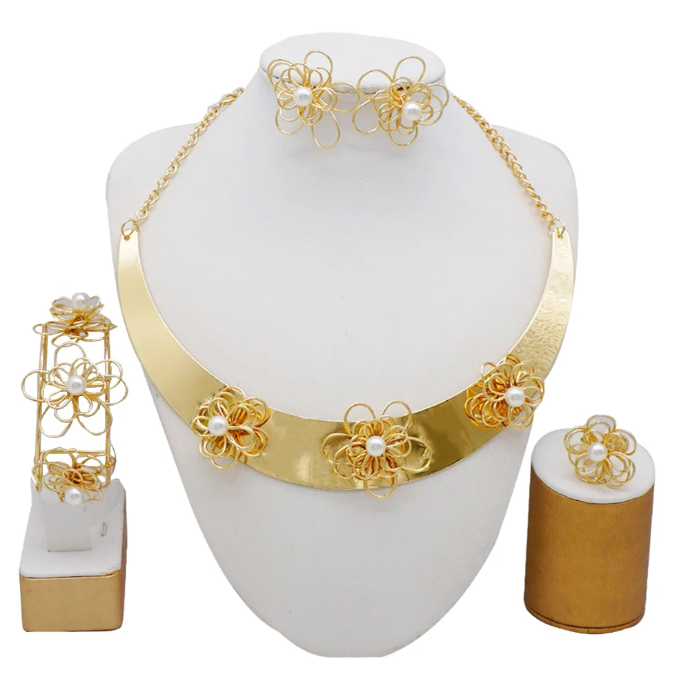 Dubai Gold Color Flower Jewelry Sets for Women Costume India Jewellery Set African Beads Jewelry Sets Wedding Gift
