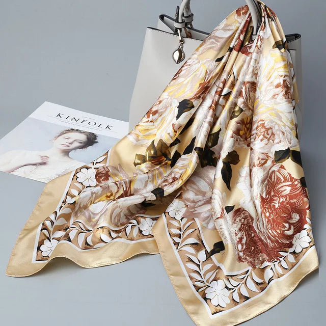 Fashion Kerchief Silk Satin Neck Scarf for Women Print Hijab Scarfs Female 90*90cm Square Shawls and Wraps Scarves for Lady
