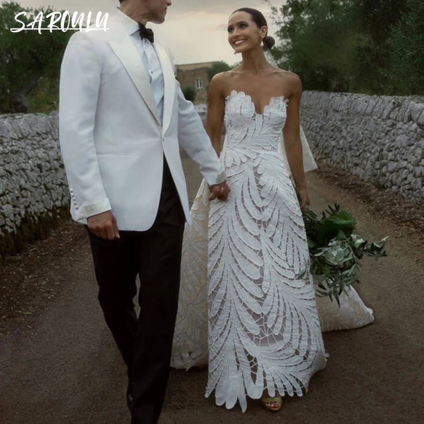 Cutout Sweetheart Strapless Wedding Dress Large Leaf Zipper Long Train Photography Puffy Unique Embroidery Bridal Dresses - My Store