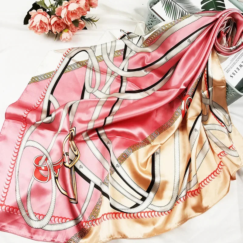 90cm Neckerchief Silk Satin Women Hijab Scaves Fashion Floral Print Headband Neck Scarfs Female Square Shawls Scarfs for Ladies
