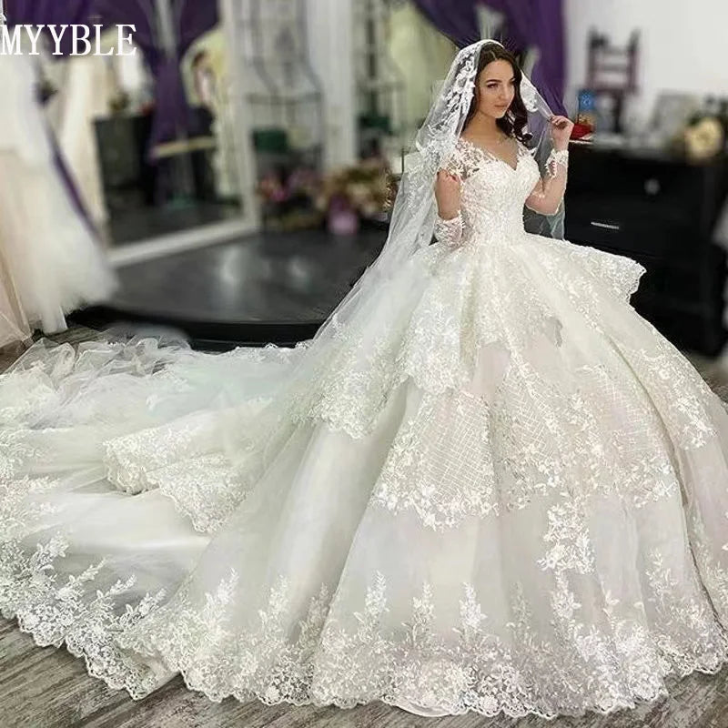 Princess Plus Size Wedding Dresses 2023 Lace Applique Long Sleeve Custom Made Tiered Skirt Dubai Arabic Bridal Wedding Dress - My Store