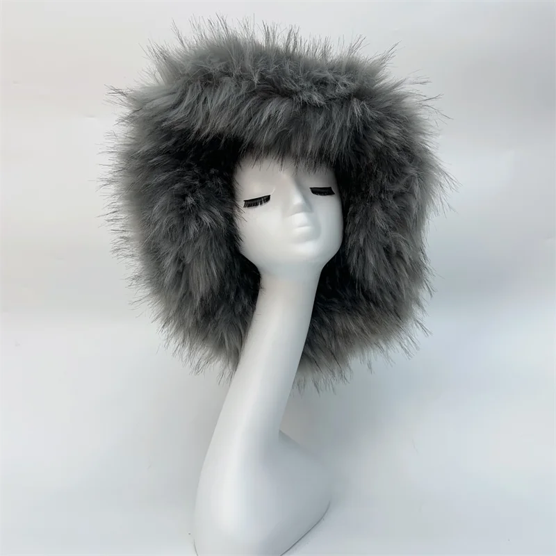 Winter Warm Plush Bucket Hat Women Oversize Earflaps Fluffy Faux Fur Hats Fashion Furry Raccoon Fur Cotton Hat Solid Color Hats
