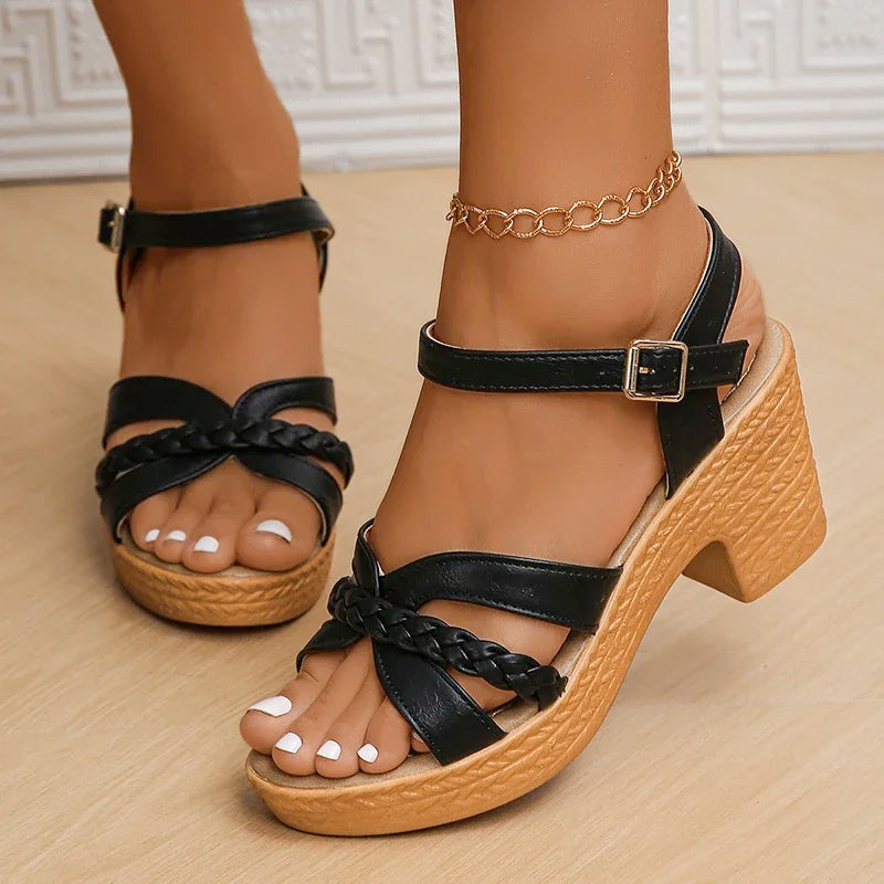 Lucyever Lightweight High Heeled Sandals for Women 2025 Summer Ankle Buckle Female Gladiator Sandal Woven Platform Sandles Woman