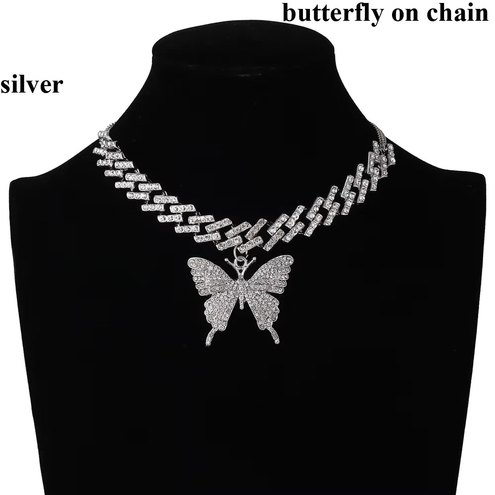 Pink Butterfly Necklace Chain  Jewelry Luxury Female Crystal Neck Pendants Women Rhinestones Jewellery Wholesale