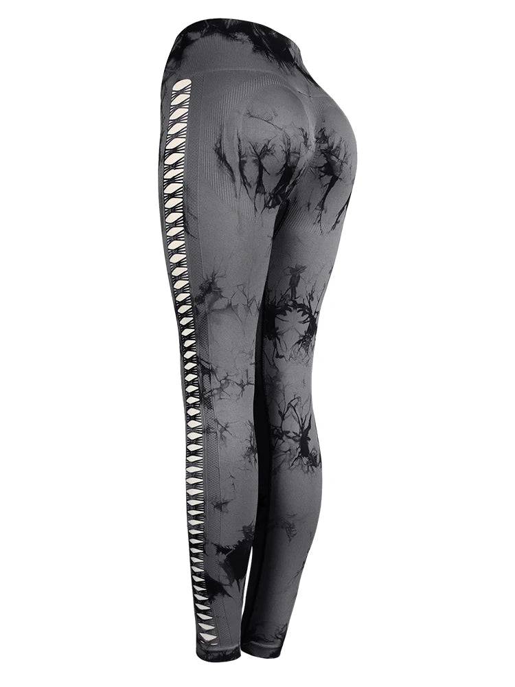 CHRLEISURE Seamless Tie Dye Sports Set Hollow Out Yoga Suit Fitness Top With Workout Leggings Activewear