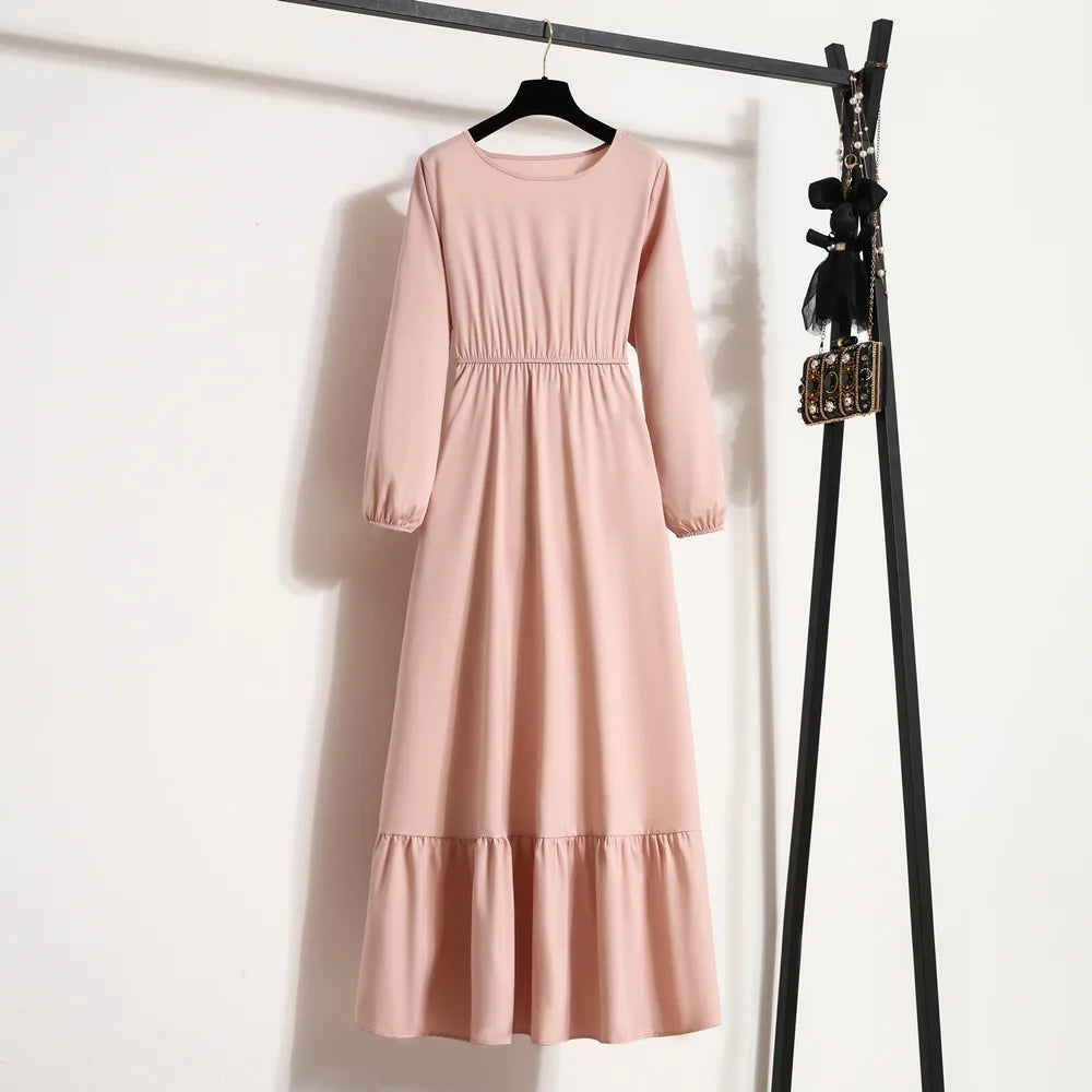 Women Long Dresses Spring Summer Full Sleeve O-Neck Casual Solid Chiffon Dress Muslim Dress Bohemian Maxi Dresses