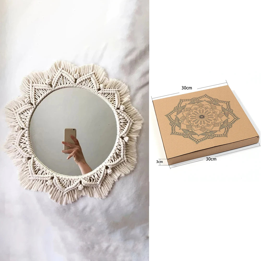 Boho Macrame Round Mirror Decorative Mirrors Aesthetic Room Decor Hanging Wall Mirror for Bedroom Living Room House Decoration