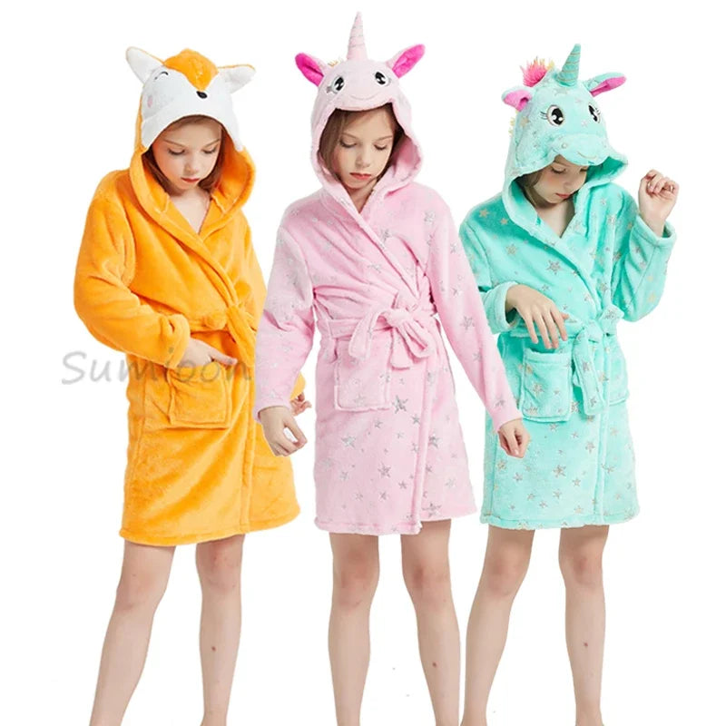New Children Bath Robe Baby Towel Children's Unicorn Hooded Bathrobes for Boys Girls Pajamas Kids Sleepwear Bath Robes Fox Wolf