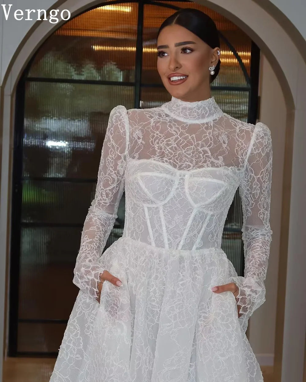 Verngo Elegant Lace Wedding Dress High Neck Full Sleeves Bride Dress Women Modest Bridal Gowns Customized - My Store