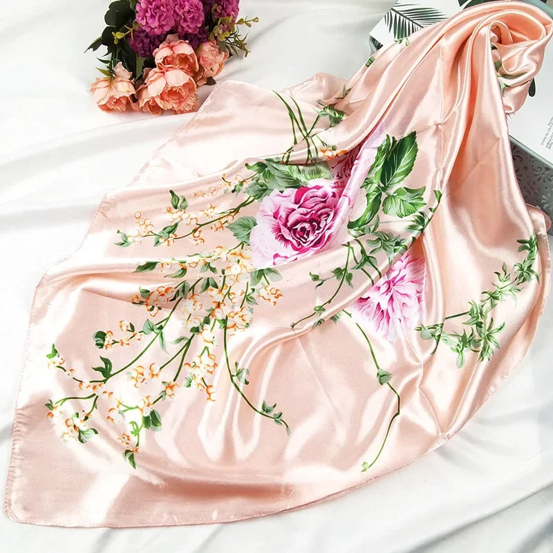 90cm Neckerchief Silk Satin Women Hijab Scaves Fashion Floral Print Headband Neck Scarfs Female Square Shawls Scarfs for Ladies