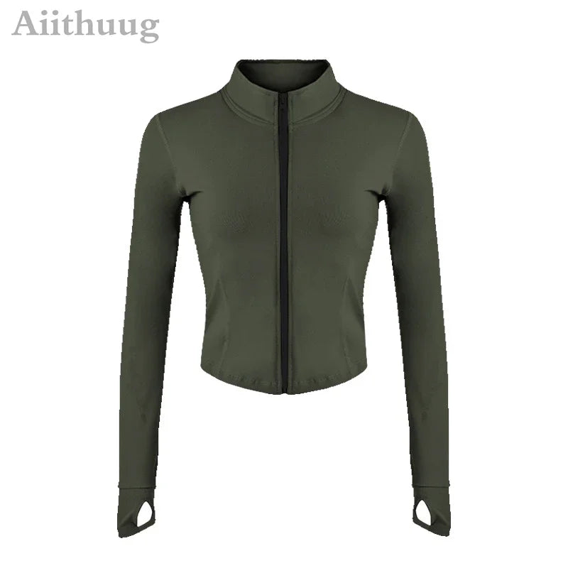 Aiithuug Women Full Zip-Up Yoga Top Workout Running Jackets With Thumb Holes Stretchy Fitted Long Sleeve Crop Tops Activewear