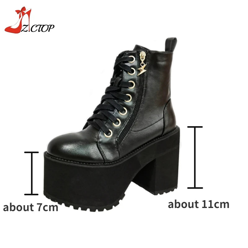 Women Platform Boots High Chunky Heel Ankle Boots Black Punk Style Lace Up Motorcycle Boot Lady Autumn Winter Shoes Big Size 43