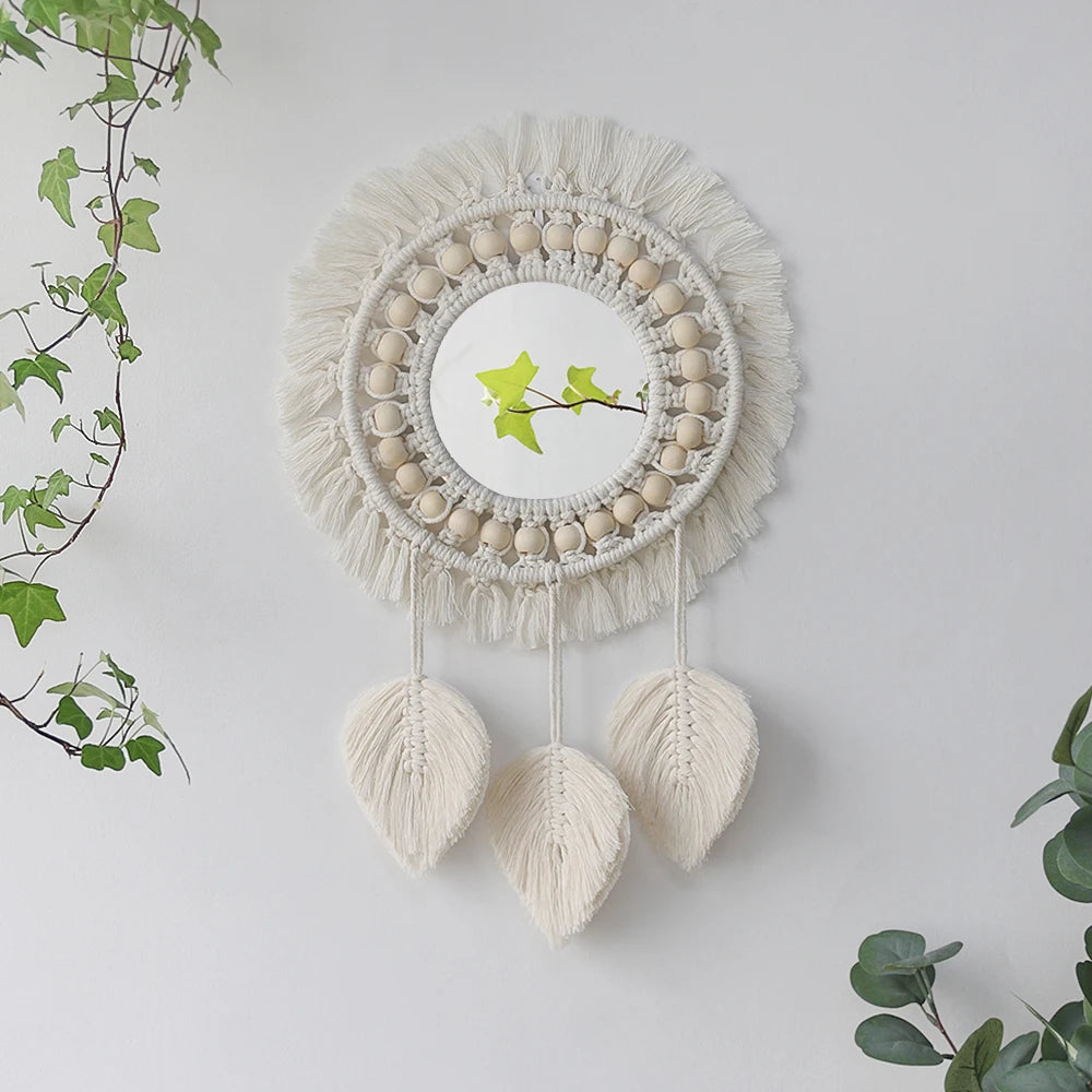 Round Mirror Wall Decor Macrame Boho Room Decor Wall Mirrors for Living Room Bedroom Decoration Mirror Bathroom Home Decoration