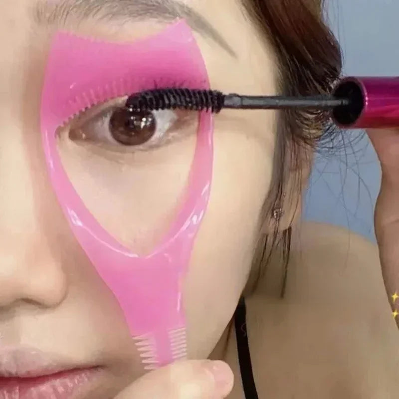 3 in 1 Makeup Mascara Shield Guard Eye Lash Mascara Applicator Comb Eyelash Curling Makeup Brush Curler Eye Makeup Stencils Pink - My Store