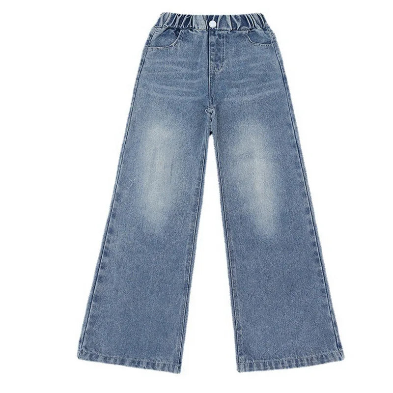 Jeans for Girls Kids Fashion Blue Wide Leg Pants 2025 Spring Autumn Children Korean Trousers Children's Clothing 6 8 10 12 14Yrs