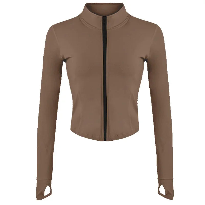Aiithuug Women Full Zip-Up Yoga Top Workout Running Jackets With Thumb Holes Stretchy Fitted Long Sleeve Crop Tops Activewear