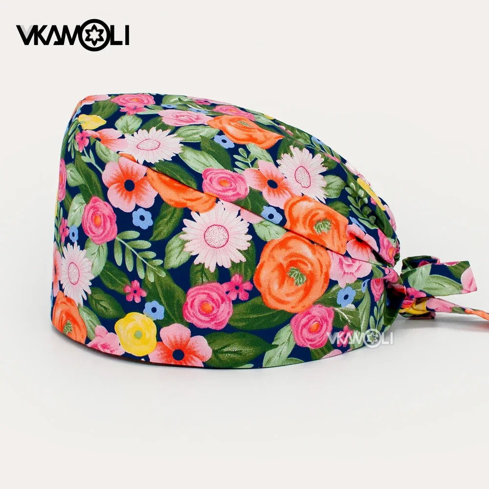 Flower Printing Scrub Caps Dental Print Scrubs Hat 100% Cotton Women Men Dust Proof Vet Dentist  Working Hats Tie Back Cap