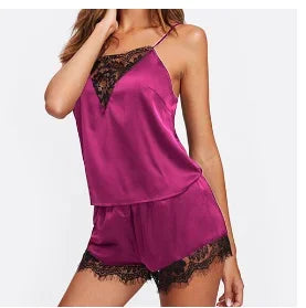 Women Pajamas Sexy Lace Pijama Nightie Sleepwear Home Clothes Tops and Shorts Women's Silk Pajamas Solid Color Pajama Set Women