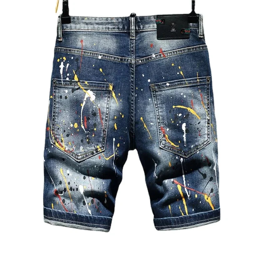 Men Summer Blue Shorts Jeans Holes Denim Shorts Paint Casual Streetwear Jeasn Shorts High Quality Men Slim Fit Stretch Jeans 38