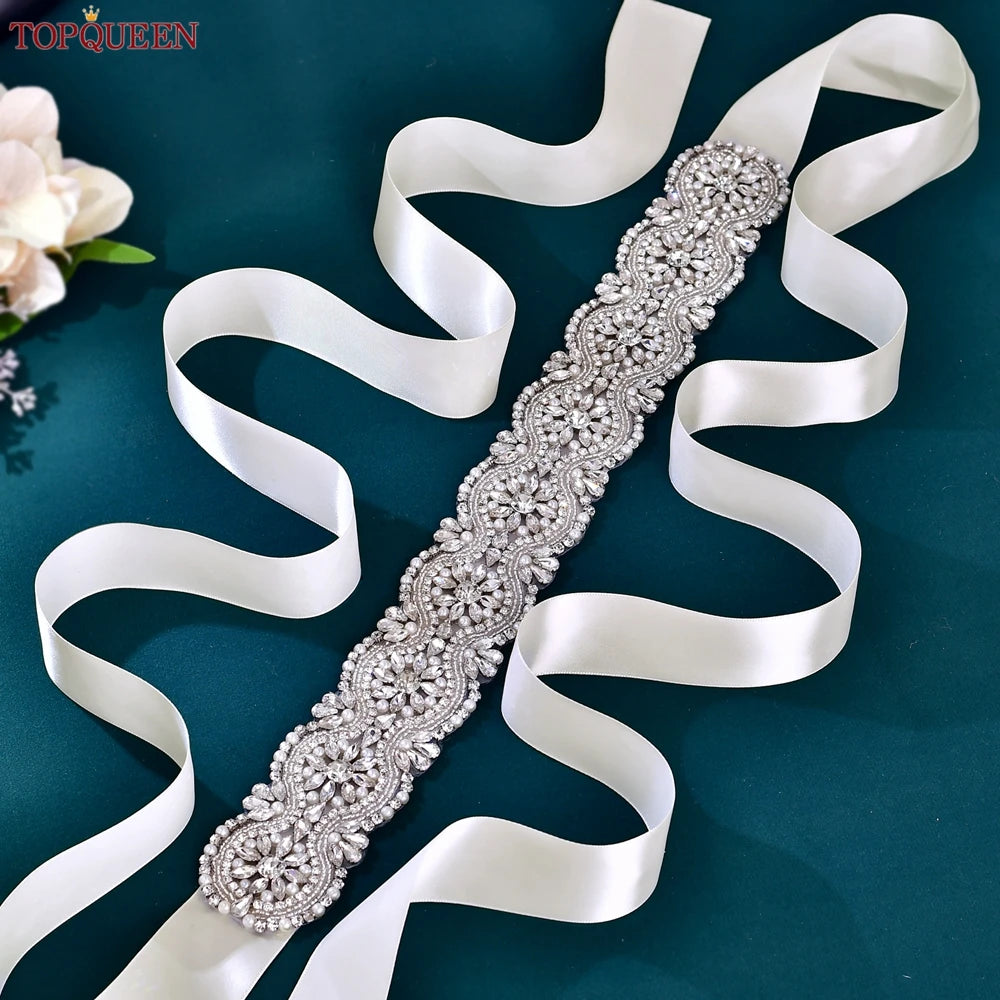 Topqueen Silver Rhinestone Belt Wedding Bride Belt Belts for Women Wide Rhinestones Appliques for Dresses Glitter Belt S04