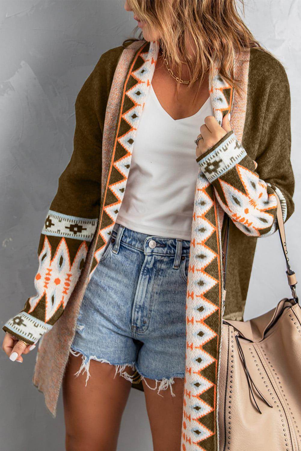Brown Aztec Print Open Front Knitted Cardigan - My Store