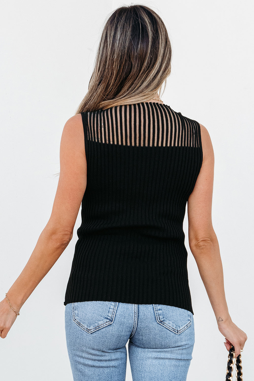 Black Ribbed Texture Mesh Cutout Knitted Sweater Vest - My Store