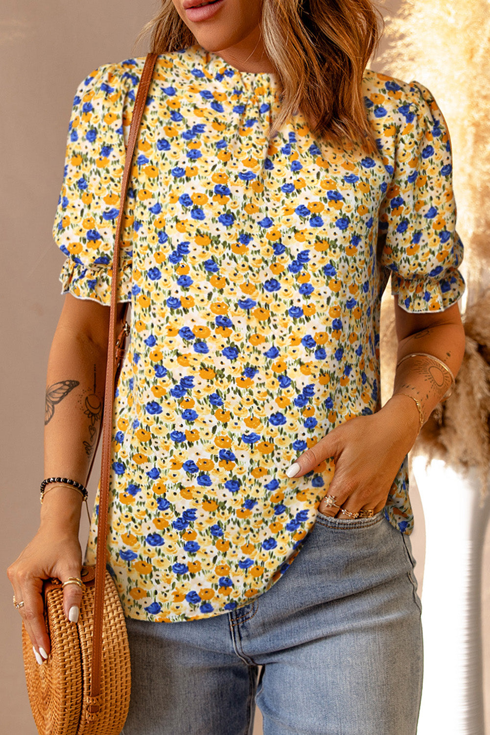 Yellow Boho Floral Ruffle Short Sleeve Frill Mock Neck Blouse - My Store