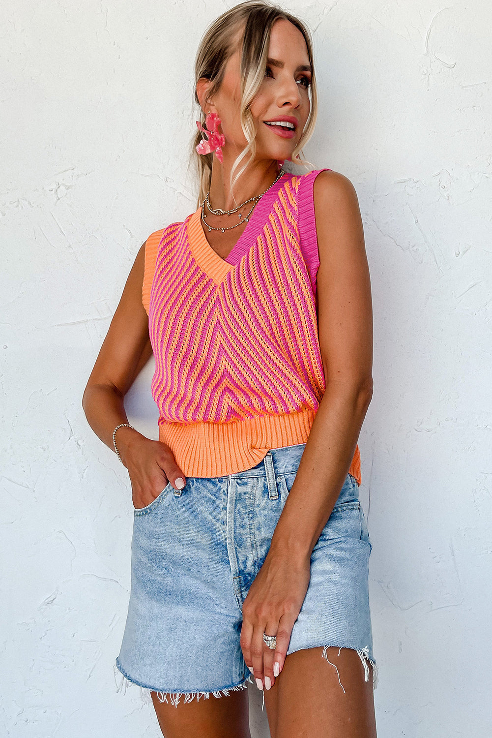 Strawberry Pink Contrast Chevron Knit V Neck Sweater Vest - My Store