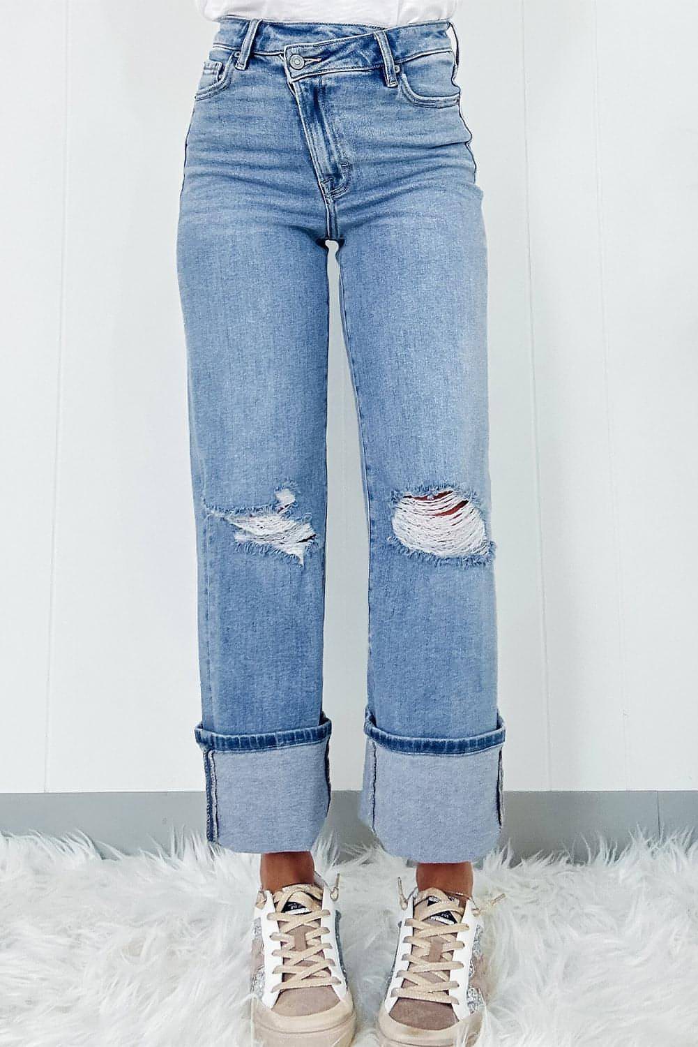 Dusk Blue High Rise Asymmetric Button Zip Fly Ripped Jeans - My Store