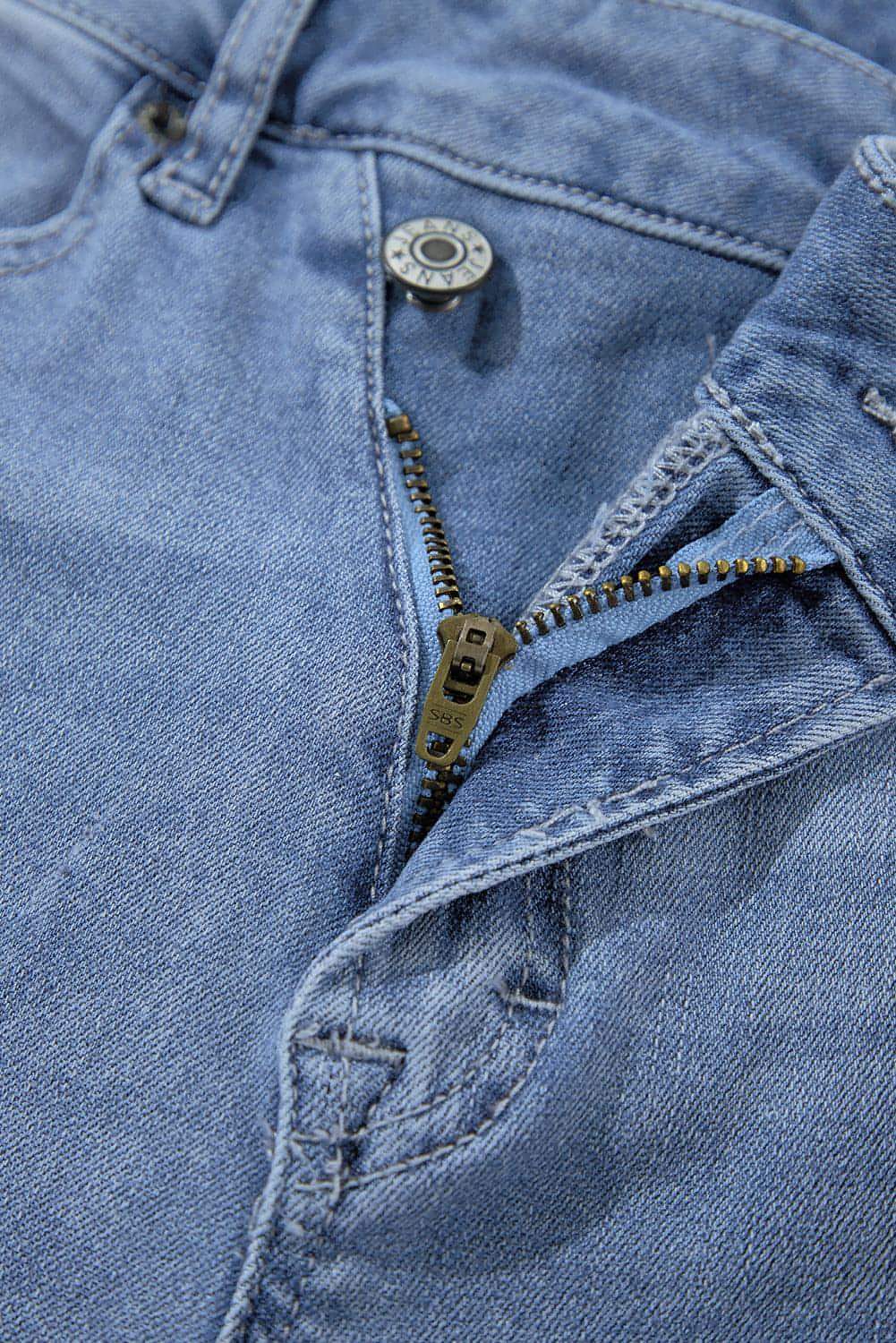 Dusk Blue High Rise Asymmetric Button Zip Fly Ripped Jeans - My Store
