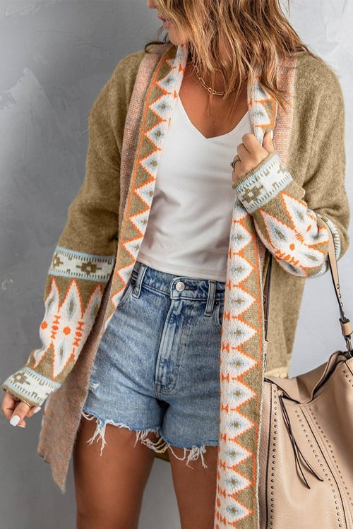 Khaki Aztec Print Open Front Knitted Cardigan - My Store
