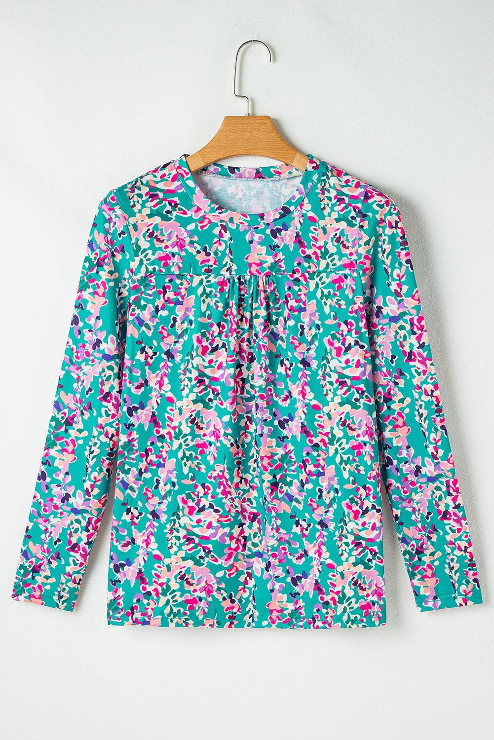Green Floral Pleated Round Neck Long Sleeve Blouse - My Store